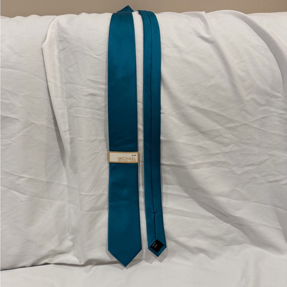 Michael Kors Teal Satin Slim Tie with Gold Logo Bar